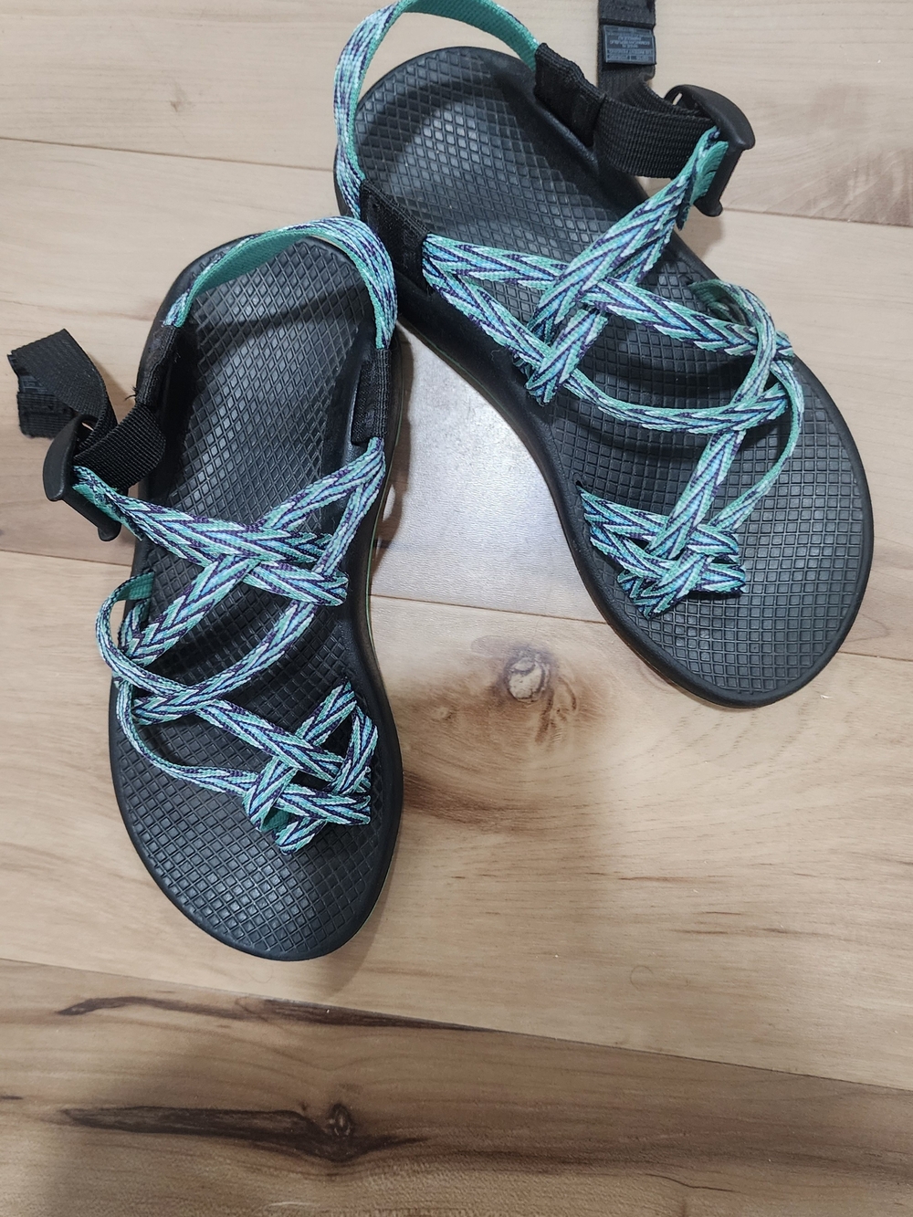Chaco Black Sandals with Teal and Purple Woven Straps